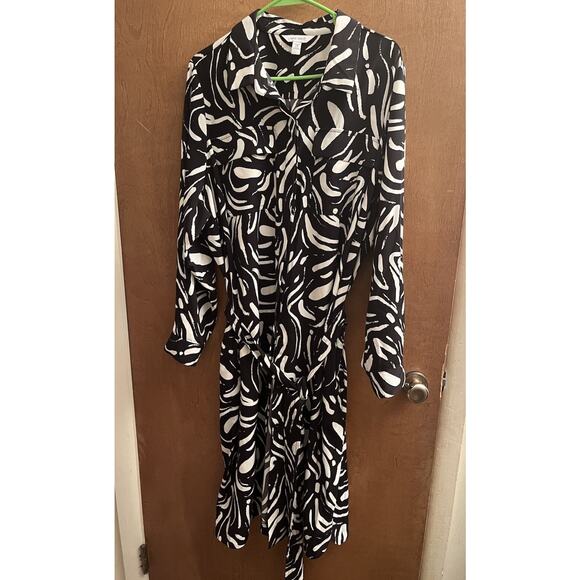 Nine West Belted Shirt Dress Long Roll Tab Sleeves Black & White Print Size 2X - Picture 1 of 5
